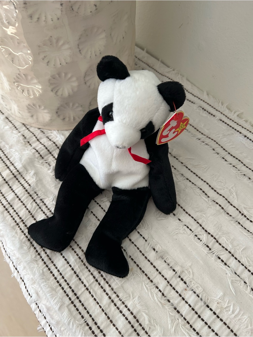 Vintage 1997 Ty Beanie Baby Fortune Plush Panda with Red Ribbon - Black, White